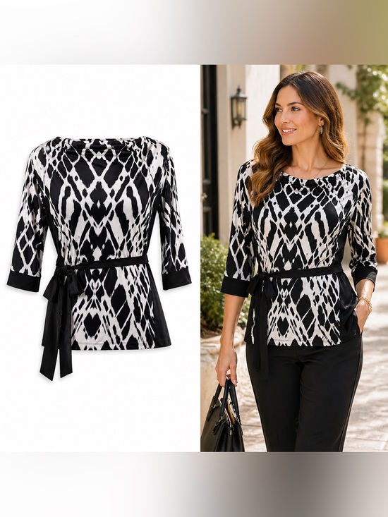 Liz Claiborne Tops - Liz Claiborne Petite Ikat Black White Belted Tunic PL Stretch Geometric Blouse